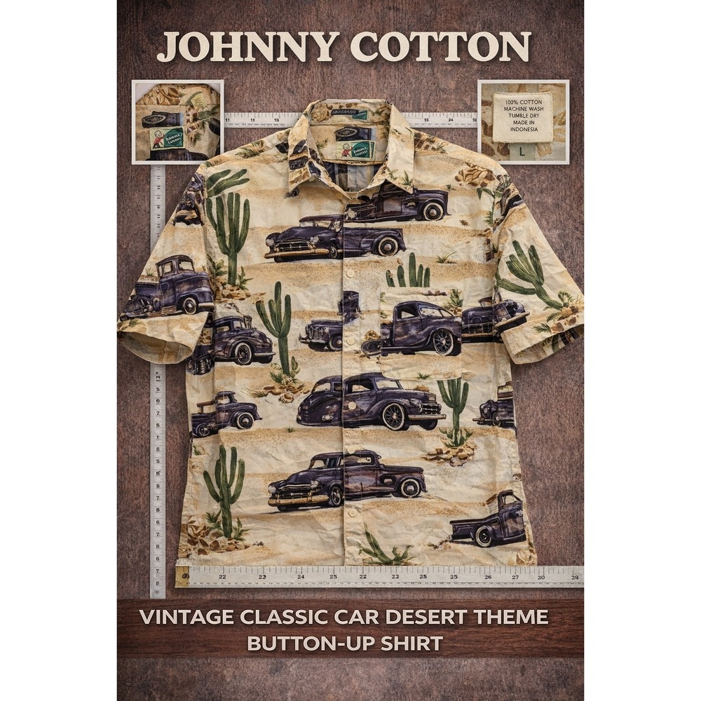 Vintage Johnny Cotton‎ Desert Cars Cactus AOP Shirt USA Made Mens LG